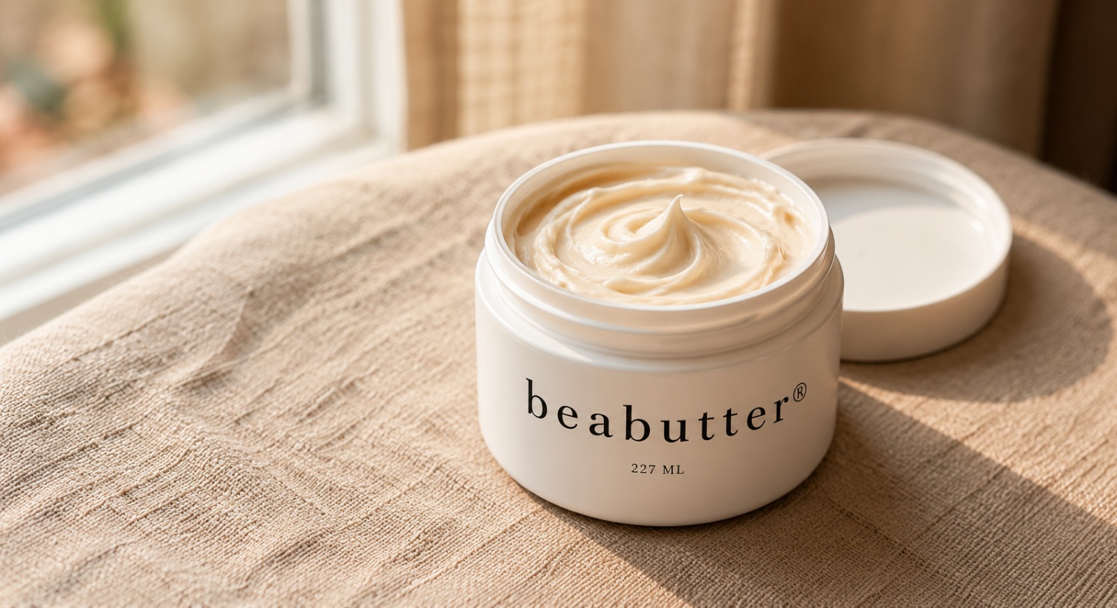 An open 227 ml jar of beabutter, swirled ivory butter on natural linen by a sunlit window beside eucalyptus